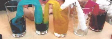 glasses of food colouring with napkins soaking colours