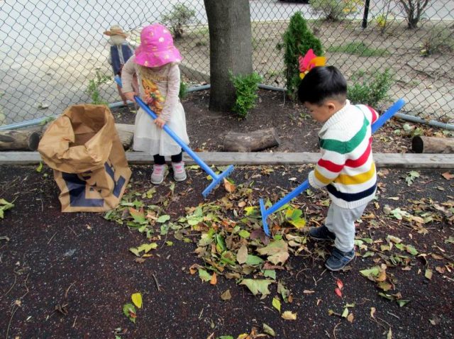 Children raking leaves