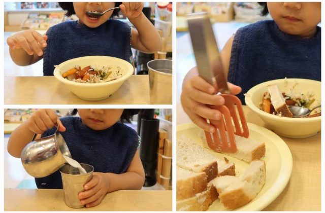 Child under 2 serving, pouring, and feeding herself