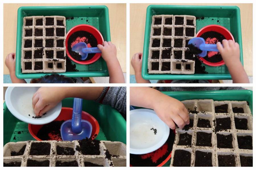 Children planting seeds in a starter box