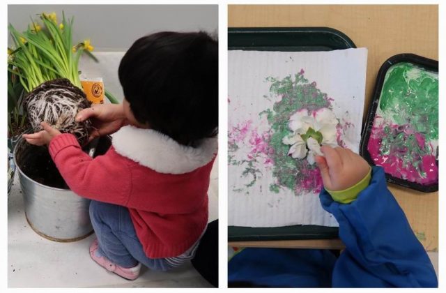 Children planting and painting to welcome spring