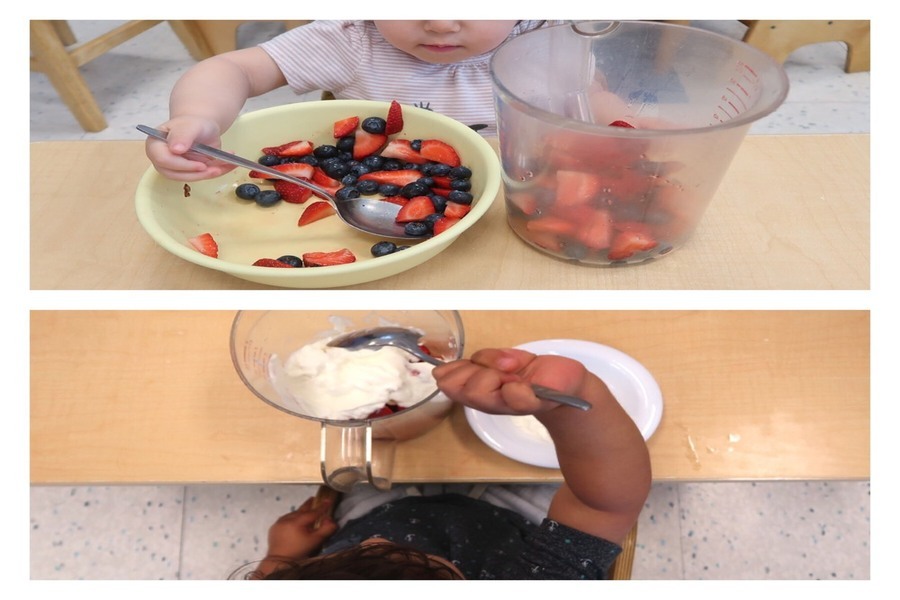 Children scooping ingredients for fruit smoothies