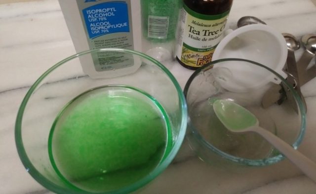 mixing homemade hand sanitizer ingredients