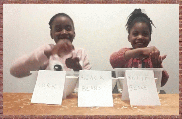 Sandrine's daughters with corn, black beans and white beans