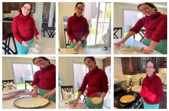 Collage of Nancy making pizza