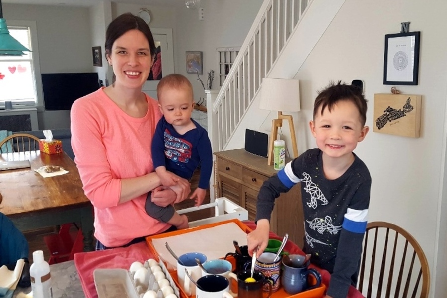 Adrian and Sydney colouring Easter eggs