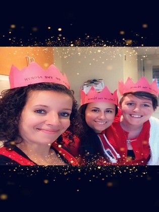 Meagan, Brittany, and Maria wearing Raptors crowns