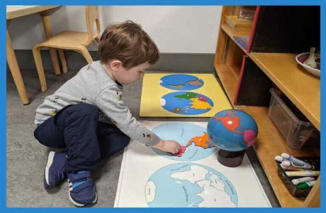 Casa child with continent puzzle map and coloured globe