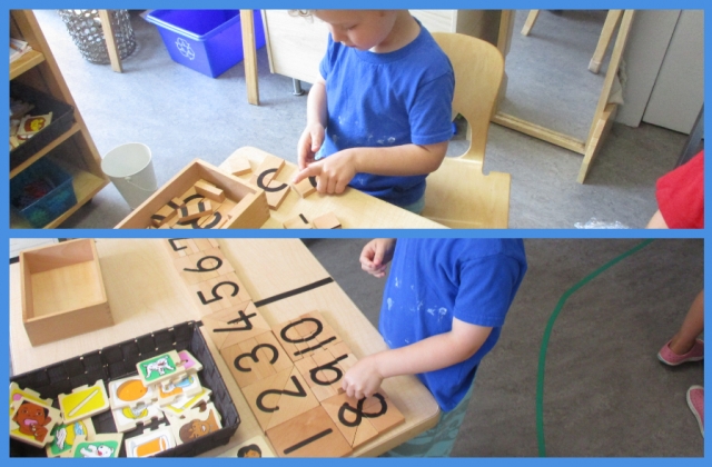A child working on a wooden number puzzle