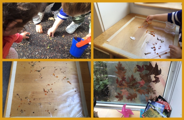 Children collecting leaves and making art