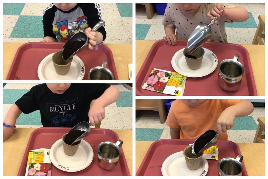 Children planting seeds in biodegradable pots.