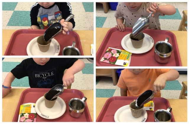 Children planting seeds in biodegradable pots.