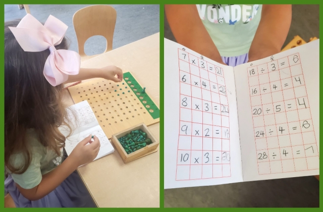 A child working with a division board and showing their math notebook