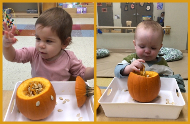 A collage of 2 children exploring the inside of a pumpkin