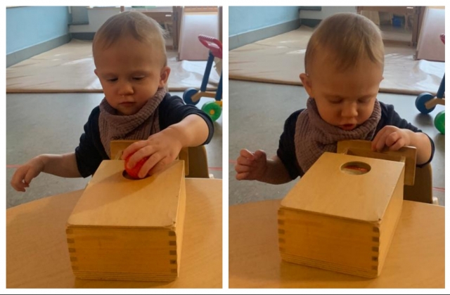 A collage of a child dropping a ball into a box and opening the drawer to find it