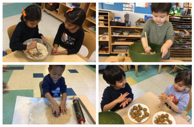 Children mixing, rolling and cutting cookie dough