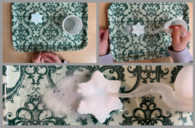 A collage of the mold, pipette, and cup of vinegar; a child pouring vinegar onto the frozen mold; and the mold fizzing and bubbling