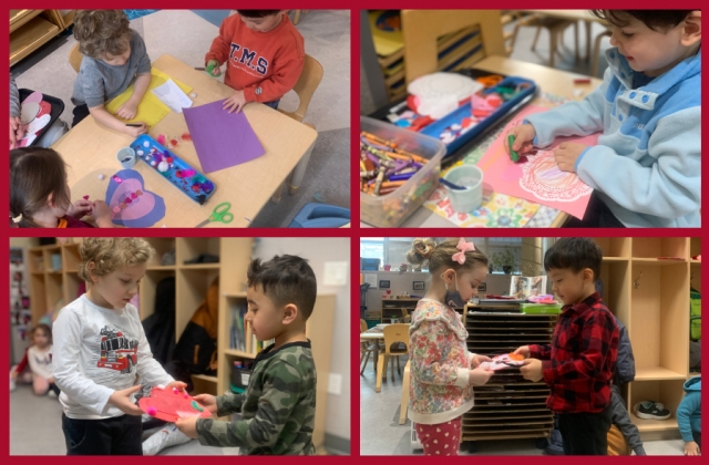 Children making and presenting valentine art