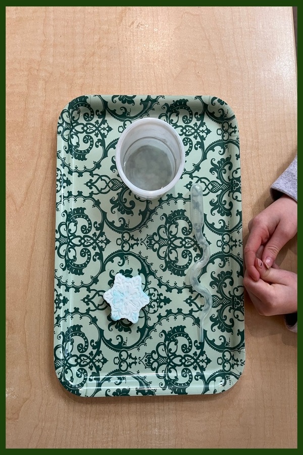 A frozen baking soda and water snowflake and a cup with vinegar