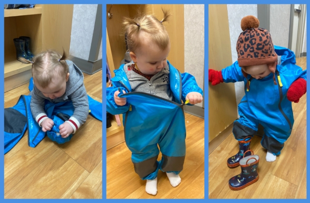 A collage of a child dressing in outdoor gear