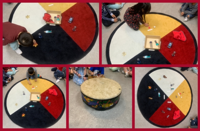 A collage of children placing items on the medicine wheel and children tapping on an indigenous drum