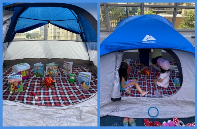 A collage of the tent filled with activities and the tent with children in the playgound