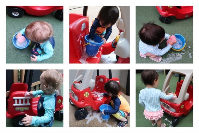 A collage of children using a sponge in a bucket of soapy water and washing vehicles