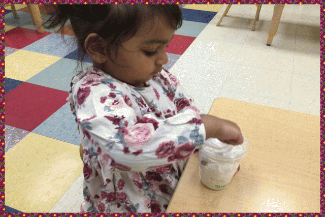 A child placing paper towel into a cup with a seed