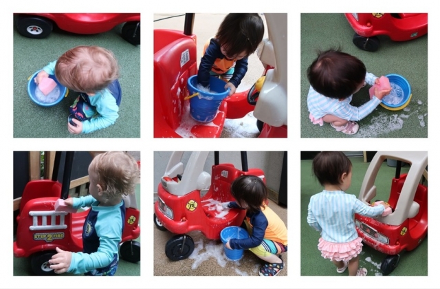 A collage of children using a sponge in a bucket of soapy water and washing vehicles