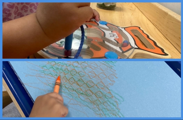 A collage of children holding a magnetic tool over a magnetic bead maze and colouring with a crayon