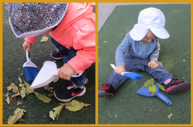 A collage of children sweeping leaves onto a dustpan with a hand broom