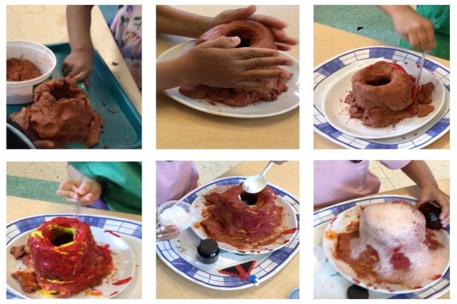 A collage of children creating and erupting a classroom-made volcano