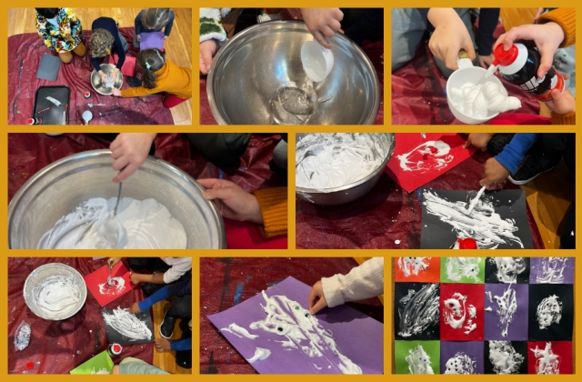A collage of children making puffy ghost art
