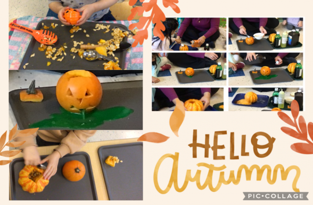 A collage of children carving, cleaning, exploring, and experimenting with pumpkins