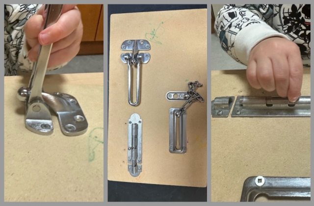 A collage of children undoing latches on a board