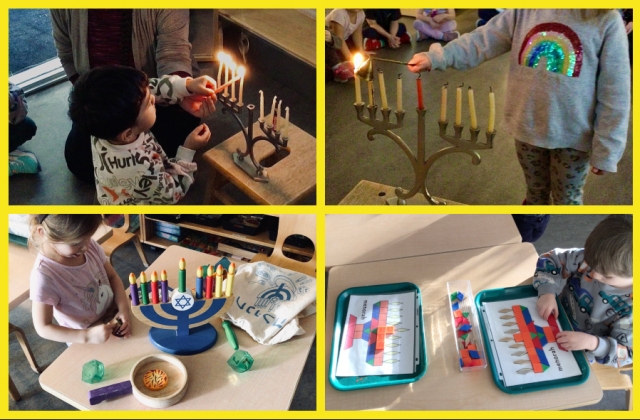 A collage of children lighting/snuffing menorahs with a teacher, working with a menorah and laatke set, and doing superimposition of shapes onto a menorah outline