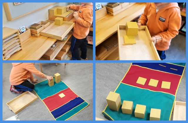 A collage of a child getting materials and placing them on the decimal placement mat