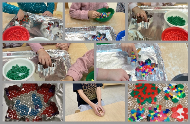 A collage of children placing coloured pony beads inside metal cookie cutters and spining a dreidel