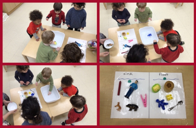 A collage of children exploring objects in water and placing them in the corresponding side of the chart