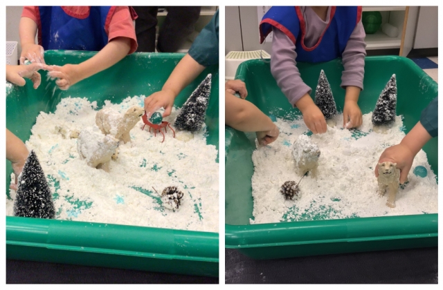 A collage of children exploring snow dough, trees, pine cones and animals