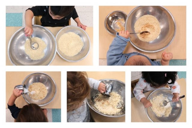 A collage of children making rice pudding