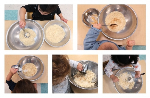 A collage of children making rice pudding