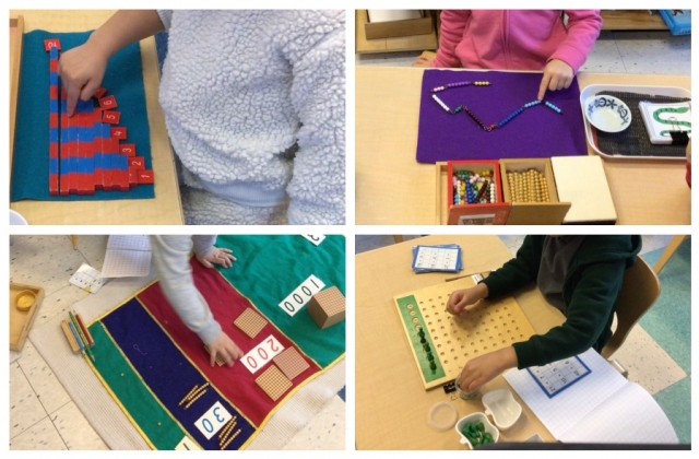 children working on the small number rods, the snake game, the Birds Eye View, and Division