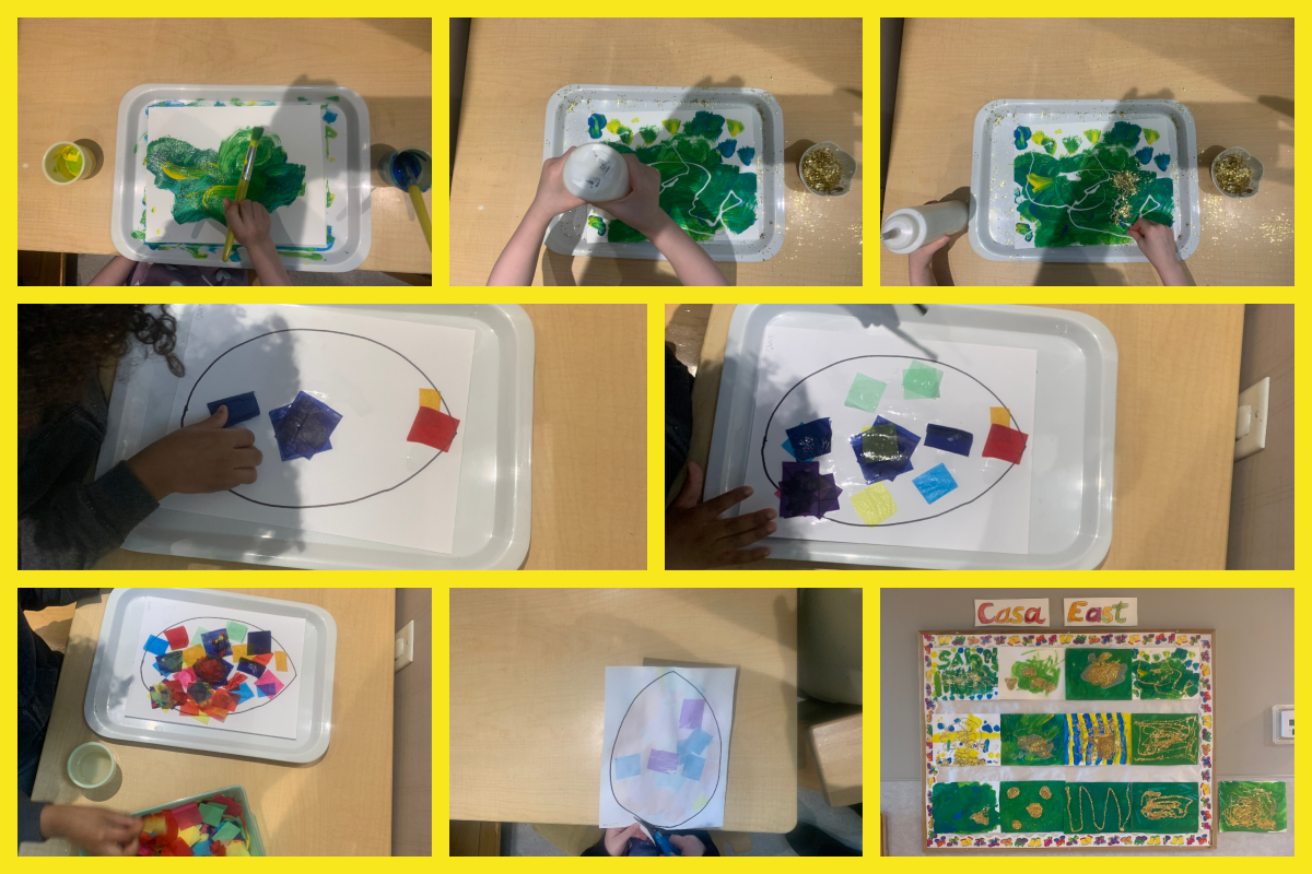 A collage of the process of the art created by the children in March