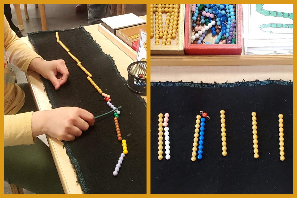 A collage of a child counting the beads of coloured bead bars and checking their work by lining up the golden and coloured bead bars of 10