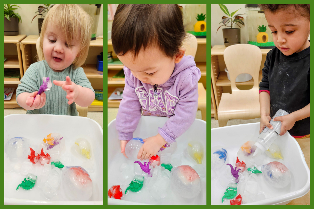 A collage of children playing with dinosaurs in ice, holding an ice egg, and squirting water onto a dinosaur ice egg