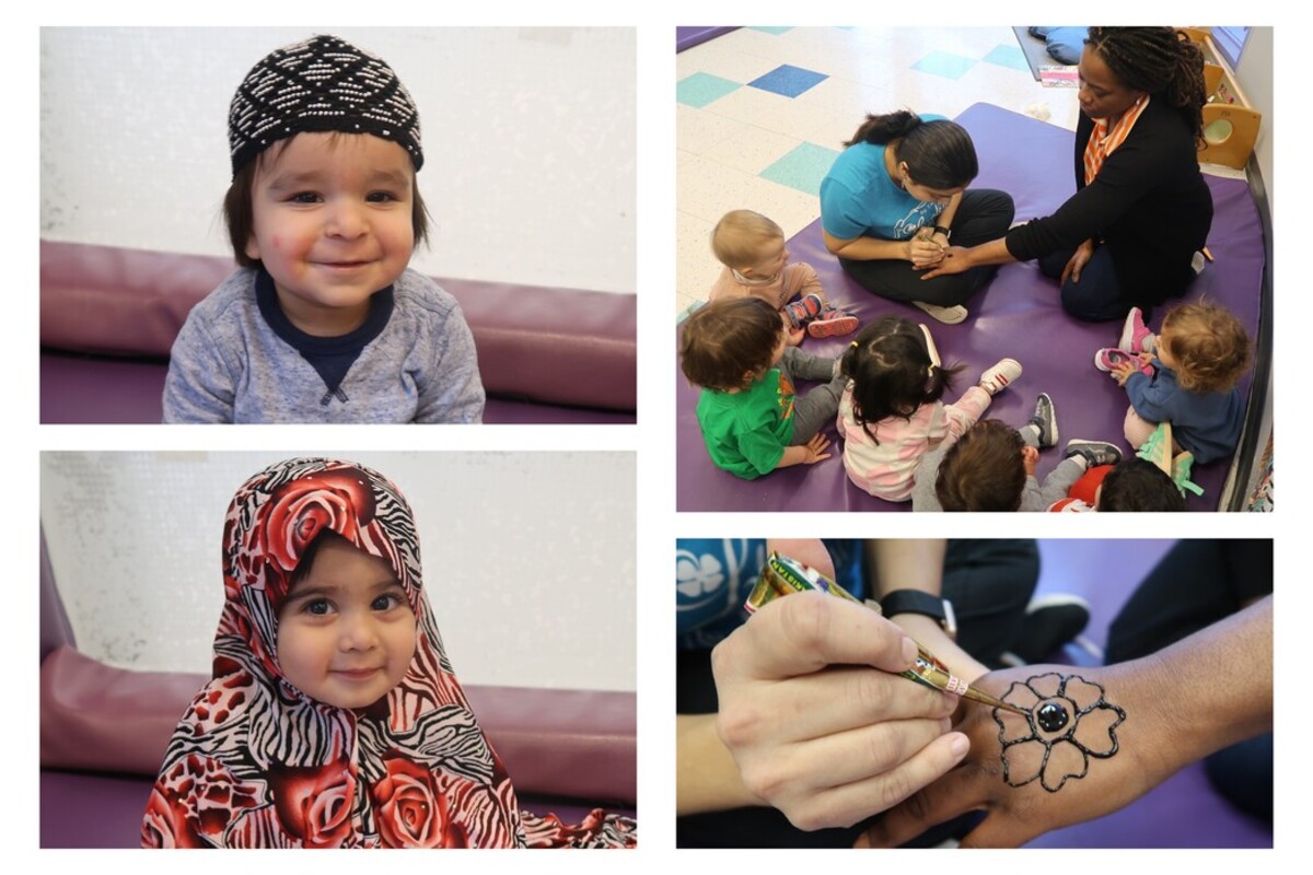 A collage of children wearing headwear, as well as watching the application of a henna tattoo during group time