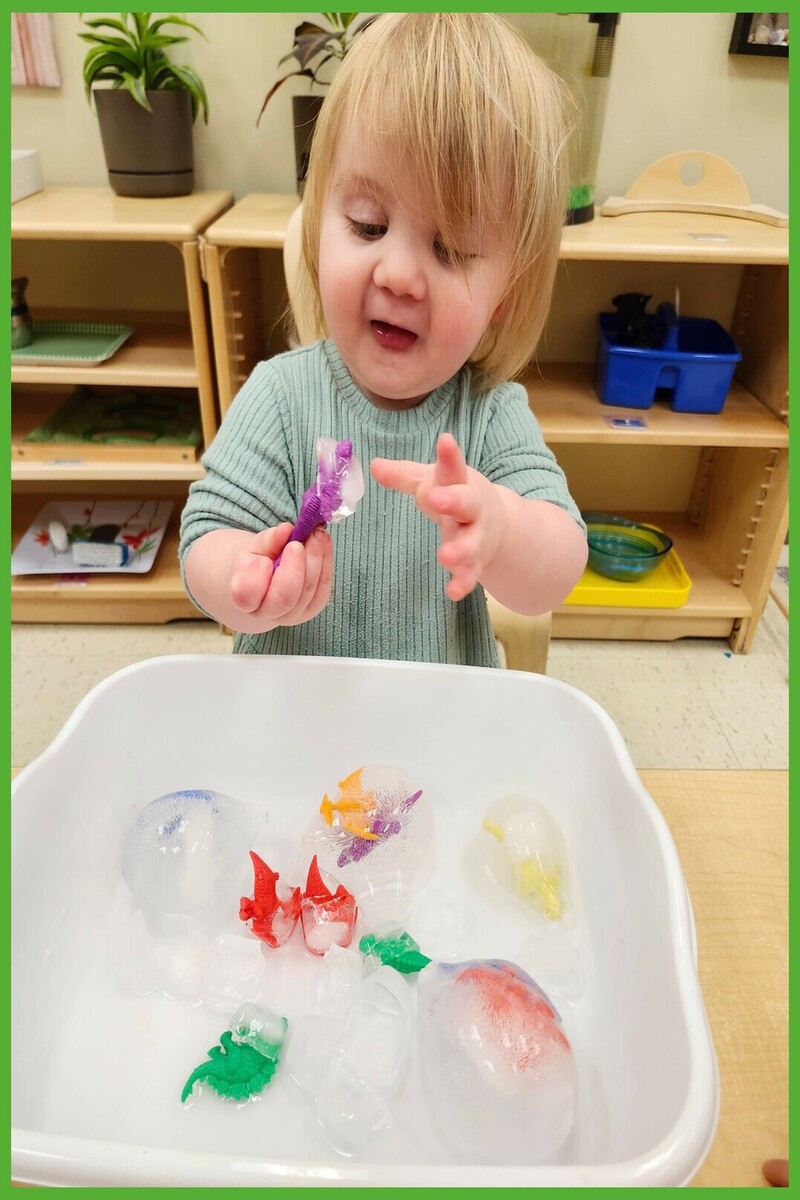 A child exploring a dinosaur with melting ice on it