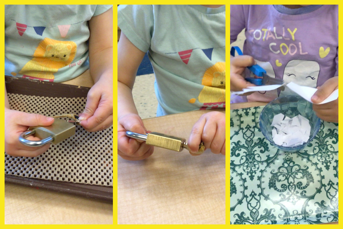A collage of children inserting and twisting a key in a lock and cutting paper with scissors