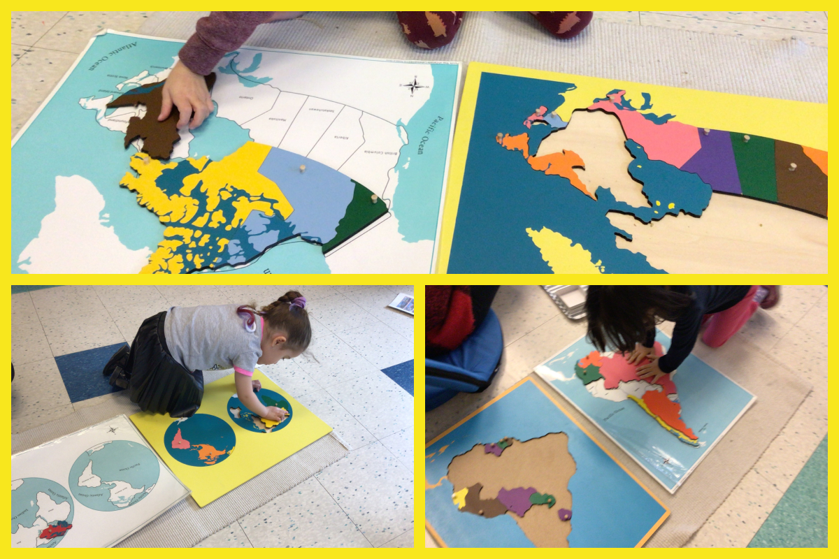 A collage of children working on puzzle maps